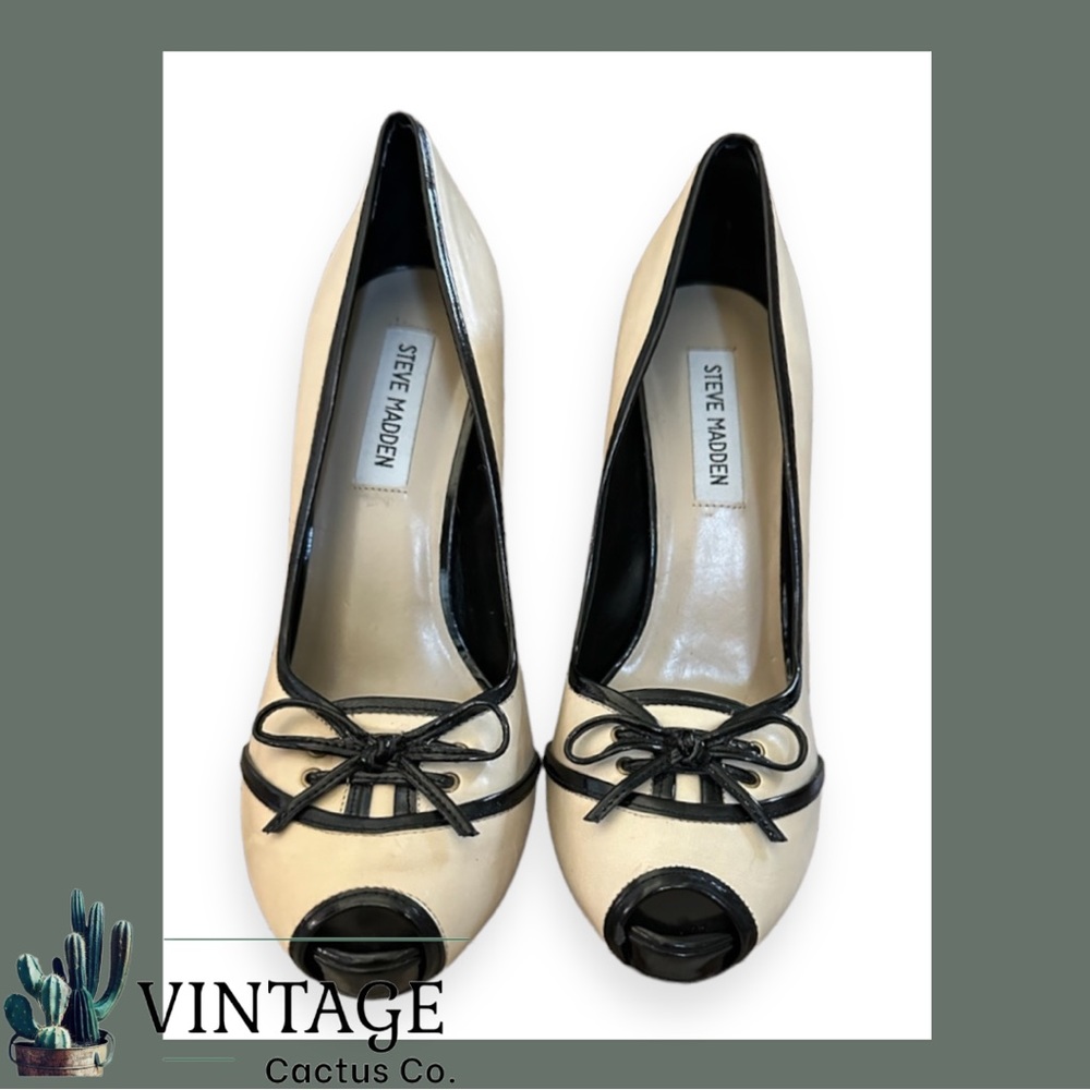 NEW Steve Madden Rippa Pump Stiletto Slip On Peep Toe with Black Bow in Bone!